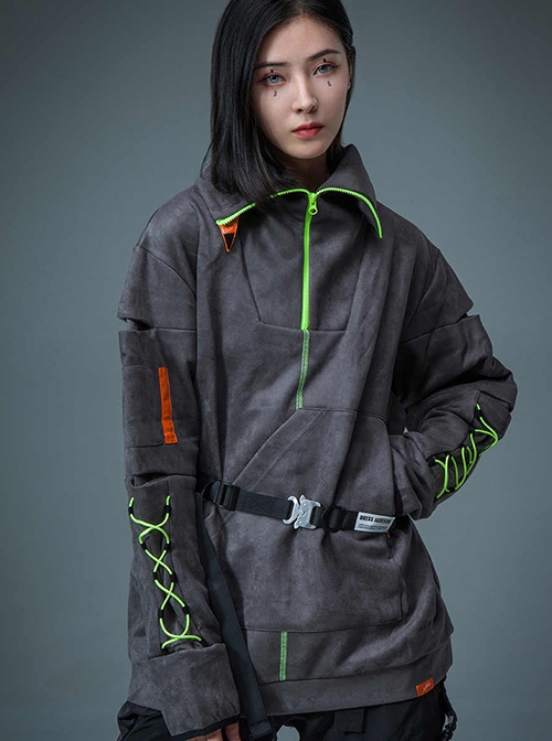 Urban Functional Style Suede High Collar Lapel Dropped Shoulder Forearm Drawstring Cyberpunk Long Sleeves Pullover Sweatshirt