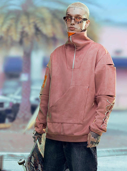 Urban Functional Style Suede High Collar Lapel Dropped Shoulder Forearm Drawstring Cyberpunk Long Sleeves Pullover Sweatshirt