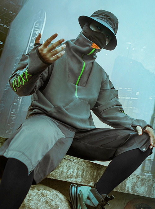 Urban Functional Style Suede High Collar Lapel Dropped Shoulder Forearm Drawstring Cyberpunk Long Sleeves Pullover Sweatshirt