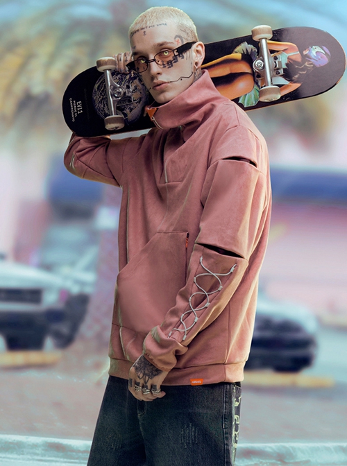 Urban Functional Style Suede High Collar Lapel Dropped Shoulder Forearm Drawstring Cyberpunk Long Sleeves Pullover Sweatshirt