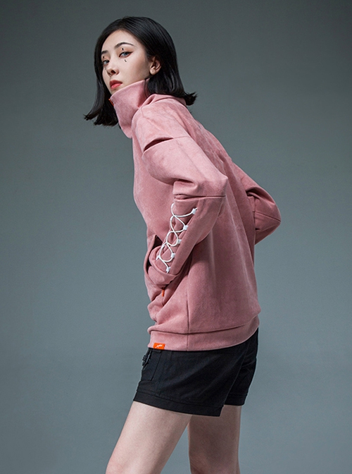 Urban Functional Style Suede High Collar Lapel Dropped Shoulder Forearm Drawstring Cyberpunk Long Sleeves Pullover Sweatshirt