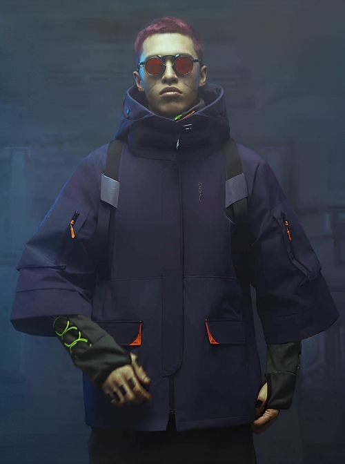 Japanese Style Urban Functional Style Waterproof Drop Shoulders Reflective Detachable Hood Collar Cyberpunk Taoist Robe Jacket