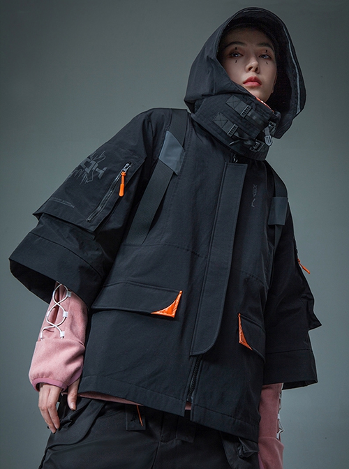 Japanese Style Urban Functional Style Waterproof Drop Shoulders Reflective Detachable Hood Collar Cyberpunk Taoist Robe Jacket