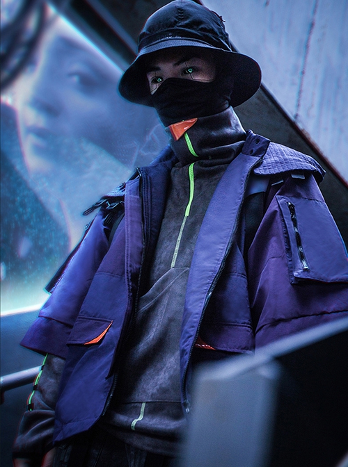 Japanese Style Urban Functional Style Waterproof Drop Shoulders Reflective Detachable Hood Collar Cyberpunk Taoist Robe Jacket