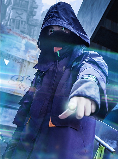 Japanese Style Urban Functional Style Waterproof Drop Shoulders Reflective Detachable Hood Collar Cyberpunk Taoist Robe Jacket