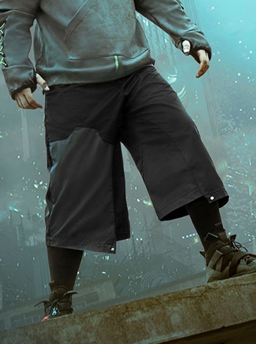 Spring Summer Black Functional Style Loose Detachable Gun Bag Belt Adjustable Legs Cyberpunk Seven-Point Wide-Leg Pants