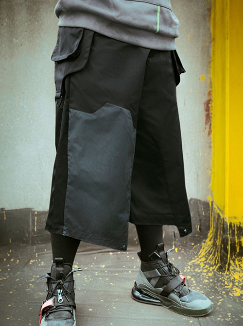 Spring Summer Black Functional Style Loose Detachable Gun Bag Belt Adjustable Legs Cyberpunk Seven-Point Wide-Leg Pants