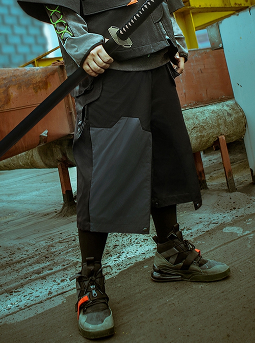 Spring Summer Black Functional Style Loose Detachable Gun Bag Belt Adjustable Legs Cyberpunk Seven-Point Wide-Leg Pants