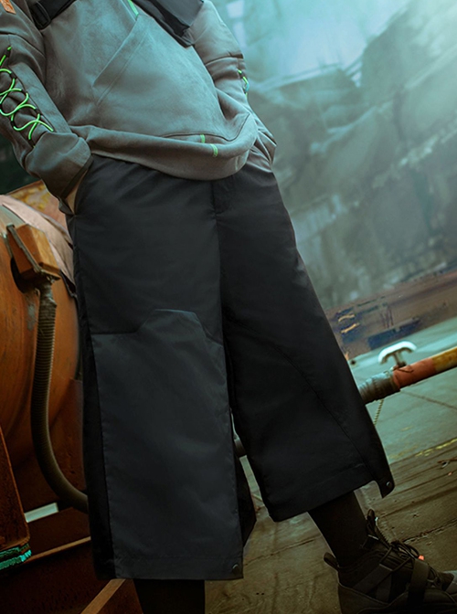 Spring Summer Black Functional Style Loose Detachable Gun Bag Belt Adjustable Legs Cyberpunk Seven-Point Wide-Leg Pants