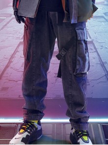Hip-Hop Street Style Dark Gray Loose Multi-Pocket Integrated Belt Reflective Washed Cyberpunk Denim Trousers