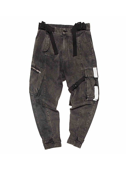 Hip-Hop Street Style Dark Gray Loose Multi-Pocket Integrated Belt Reflective Washed Cyberpunk Denim Trousers