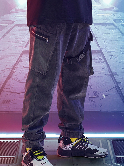 Hip-Hop Street Style Dark Gray Loose Multi-Pocket Integrated Belt Reflective Washed Cyberpunk Denim Trousers