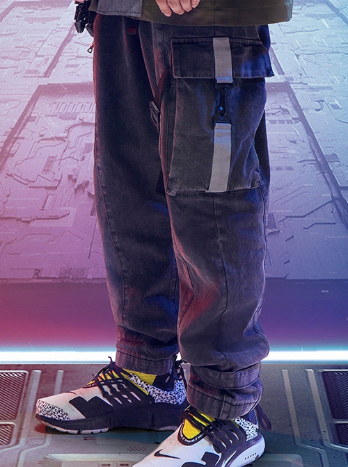 Hip-Hop Street Style Dark Gray Loose Multi-Pocket Integrated Belt Reflective Washed Cyberpunk Denim Trousers