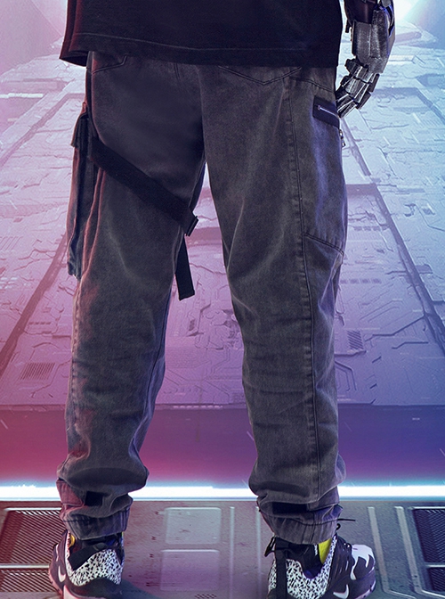 Hip-Hop Street Style Dark Gray Loose Multi-Pocket Integrated Belt Reflective Washed Cyberpunk Denim Trousers