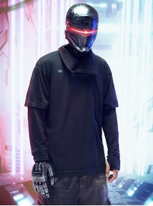 Spring Autumn Dark City Functional Style Black Lapel High Collar Fake Two-piece Design Cyberpunk Bottom Long Sleeves T-shirt
