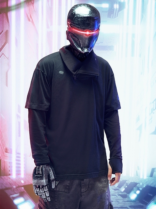 Spring Autumn Dark City Functional Style Black Lapel High Collar Fake Two-piece Design Cyberpunk Bottom Long Sleeves T-shirt