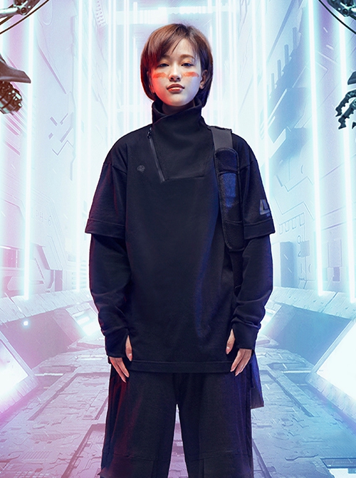 Spring Autumn Dark City Functional Style Black Lapel High Collar Fake Two-piece Design Cyberpunk Bottom Long Sleeves T-shirt