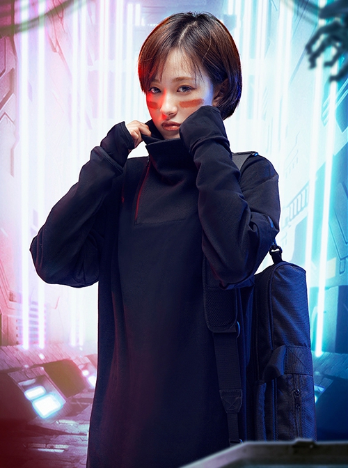 Spring Autumn Dark City Functional Style Black Lapel High Collar Fake Two-piece Design Cyberpunk Bottom Long Sleeves T-shirt