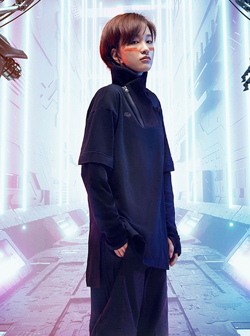 Spring Autumn Dark City Functional Style Black Lapel High Collar Fake Two-piece Design Cyberpunk Bottom Long Sleeves T-shirt