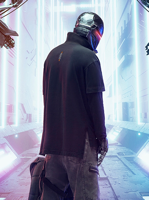 Spring Autumn Dark City Functional Style Black Lapel High Collar Fake Two-piece Design Cyberpunk Bottom Long Sleeves T-shirt