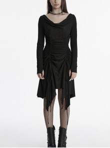 Black Slim Retro Swing Collar Waist Drawstring Design Irregular Hem Steampunk Style Long Sleeves Dress