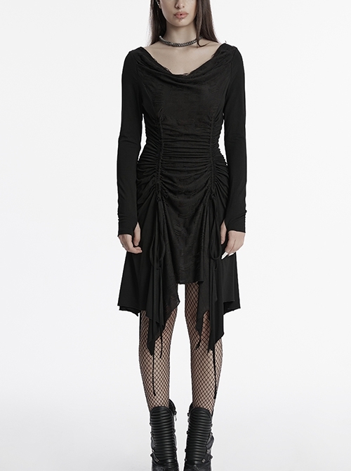 Black Slim Retro Swing Collar Waist Drawstring Design Irregular Hem Steampunk Style Long Sleeves Dress