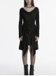 Black Slim Retro Swing Collar Waist Drawstring Design Irregular Hem Steampunk Style Long Sleeves Dress