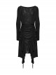 Black Slim Retro Swing Collar Waist Drawstring Design Irregular Hem Steampunk Style Long Sleeves Dress