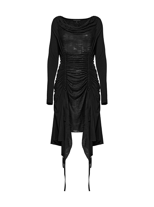 Black Slim Retro Swing Collar Waist Drawstring Design Irregular Hem Steampunk Style Long Sleeves Dress