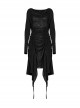 Black Slim Retro Swing Collar Waist Drawstring Design Irregular Hem Steampunk Style Long Sleeves Dress