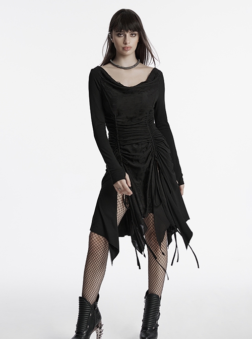 Black Slim Retro Swing Collar Waist Drawstring Design Irregular Hem Steampunk Style Long Sleeves Dress