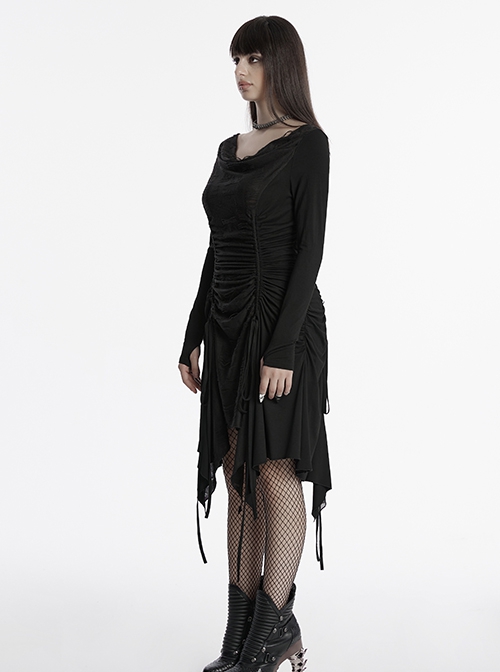 Black Slim Retro Swing Collar Waist Drawstring Design Irregular Hem Steampunk Style Long Sleeves Dress