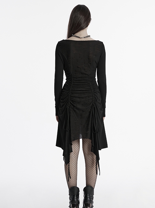 Black Slim Retro Swing Collar Waist Drawstring Design Irregular Hem Steampunk Style Long Sleeves Dress