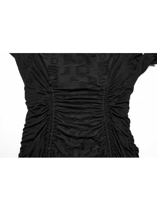 Black Slim Retro Swing Collar Waist Drawstring Design Irregular Hem Steampunk Style Long Sleeves Dress