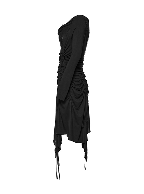 Black Slim Retro Swing Collar Waist Drawstring Design Irregular Hem Steampunk Style Long Sleeves Dress