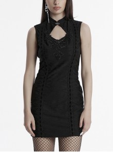 Black Elegant Retro Stand Collar Exquisite Rose Dark Pattern Embroidery Lace Decoration Gothic Style Chinese Style Dress