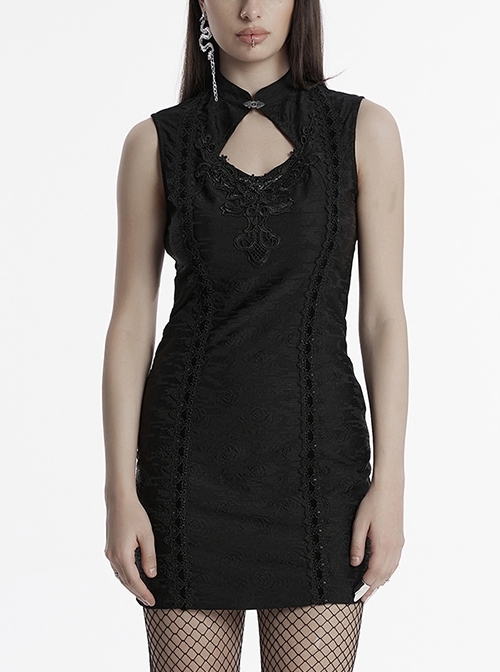 Black Elegant Retro Stand Collar Exquisite Rose Dark Pattern Embroidery Lace Decoration Gothic Style Chinese Style Dress