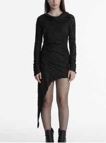 Black Cool Elastic Slim Waistband Drawstring Design Unique Irregular Hem Steampunk Style Hooded Long Sleeves Dress