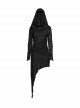 Black Cool Elastic Slim Waistband Drawstring Design Unique Irregular Hem Steampunk Style Hooded Long Sleeves Dress