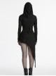 Black Cool Elastic Slim Waistband Drawstring Design Unique Irregular Hem Steampunk Style Hooded Long Sleeves Dress