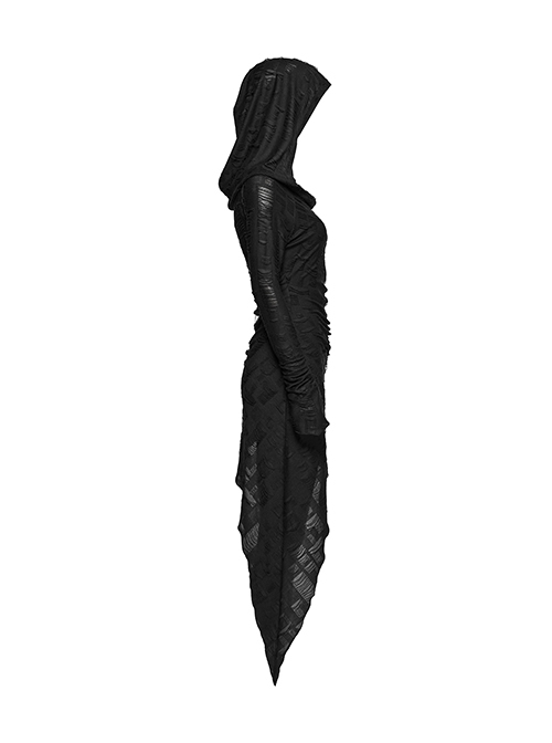 Black Cool Elastic Slim Waistband Drawstring Design Unique Irregular Hem Steampunk Style Hooded Long Sleeves Dress