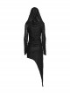 Black Cool Elastic Slim Waistband Drawstring Design Unique Irregular Hem Steampunk Style Hooded Long Sleeves Dress
