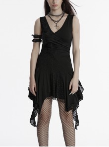 Dark Sexy Black Deep V Neck Irregular Lace Stitching Unique Flowing Hem Gothic Style Sleeveless Dress