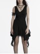 Dark Sexy Black Deep V Neck Irregular Lace Stitching Unique Flowing Hem Gothic Style Sleeveless Dress