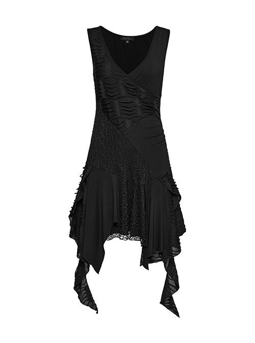 Dark Sexy Black Deep V Neck Irregular Lace Stitching Unique Flowing Hem Gothic Style Sleeveless Dress