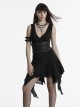 Dark Sexy Black Deep V Neck Irregular Lace Stitching Unique Flowing Hem Gothic Style Sleeveless Dress