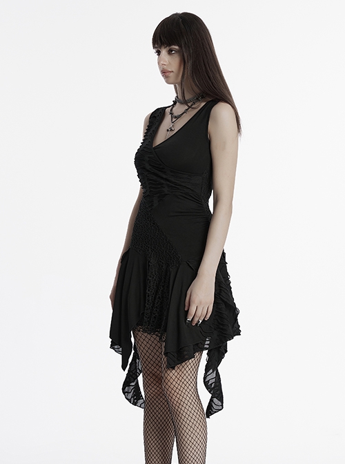 Dark Sexy Black Deep V Neck Irregular Lace Stitching Unique Flowing Hem Gothic Style Sleeveless Dress