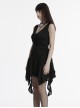Dark Sexy Black Deep V Neck Irregular Lace Stitching Unique Flowing Hem Gothic Style Sleeveless Dress
