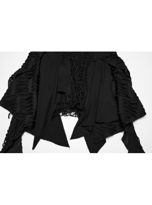 Dark Sexy Black Deep V Neck Irregular Lace Stitching Unique Flowing Hem Gothic Style Sleeveless Dress