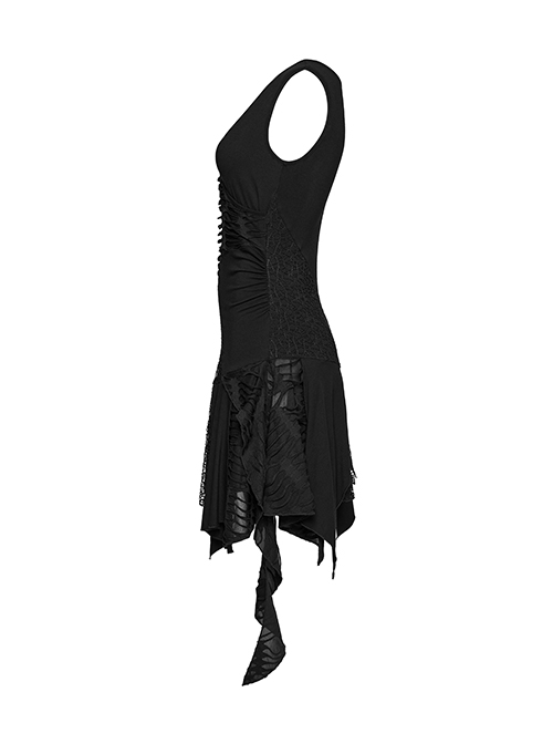 Dark Sexy Black Deep V Neck Irregular Lace Stitching Unique Flowing Hem Gothic Style Sleeveless Dress